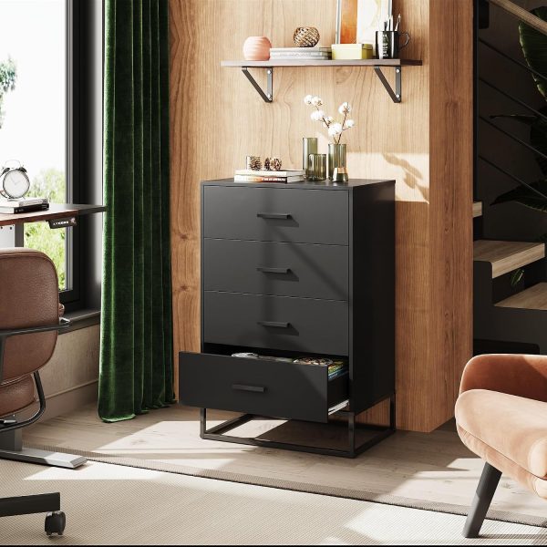 LIVAREEmlen Black Dresser for Bedroom with 4 Drawers, Tall Dresser with Sturdy Metal Frame, Wood Chest of Drawers for Closet, Living Room, Hallway