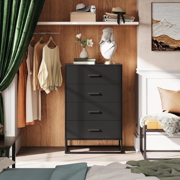 LIVAREEmlen Black Dresser for Bedroom with 4 Drawers, Tall Dresser with Sturdy Metal Frame, Wood Chest of Drawers for Closet, Living Room, Hallway