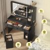 LIVAREEmlen Farmhouse Vanity Desk with LED Mirror & Stool, Black | Charging station (2AC+2USB), 3CCT lighted mirror, Sturdy FSC wood (165lbs), Hair dryer holder, W/ stool