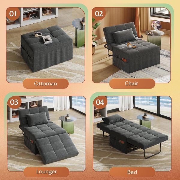 LIVAREEmlen Folding Ottoman Bed, Sleeper Chair, 4-in-1 Multi-Function, Convertible Sofa Bed Foot Rest with Adjustable Back for Living Room, Dark Grey